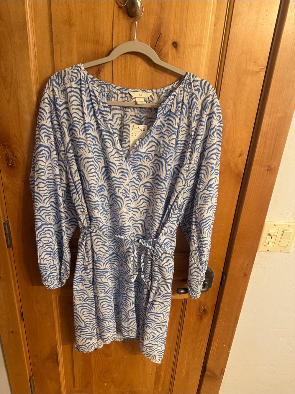 H&M Blue and White Printed Long Sleeve Wrap Dress